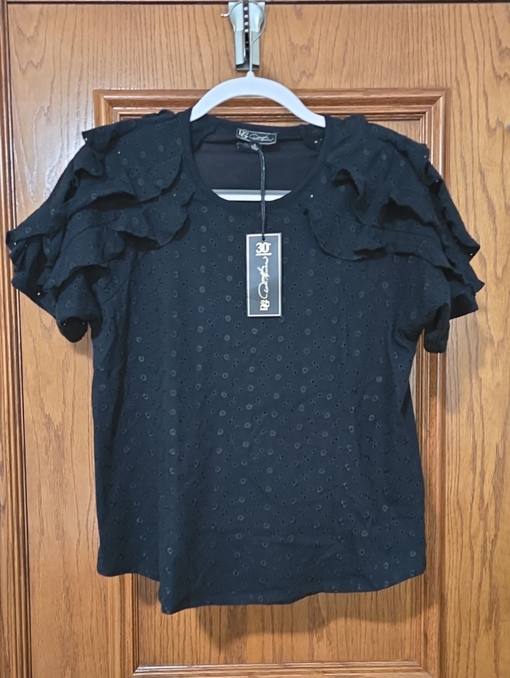 DG2 by Diane Gilman Black Eyelet Ruffle Short Sleeve Top